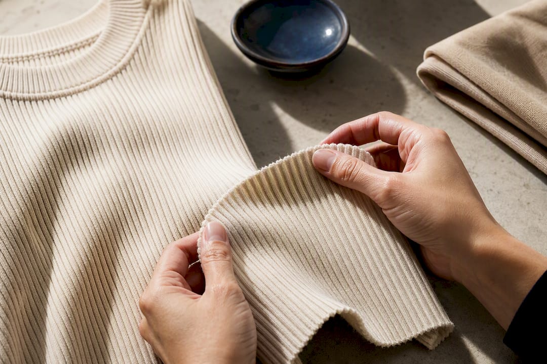 Hands examining ribbed smart textile knit