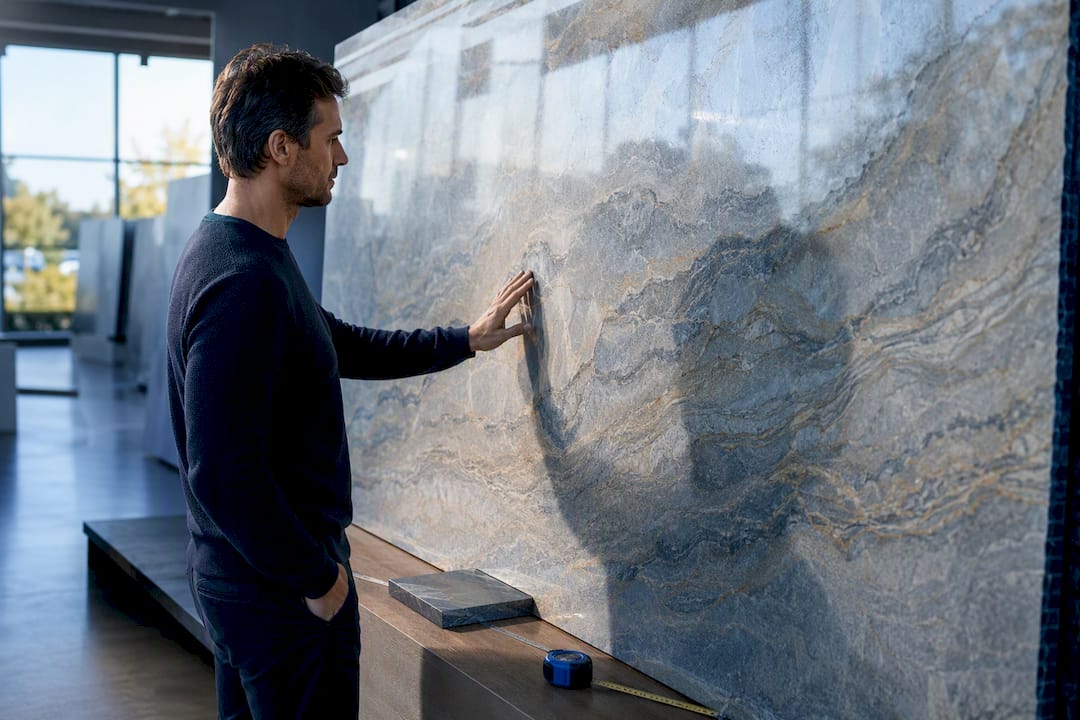 Homeowner inspecting dramatic natural stone veining